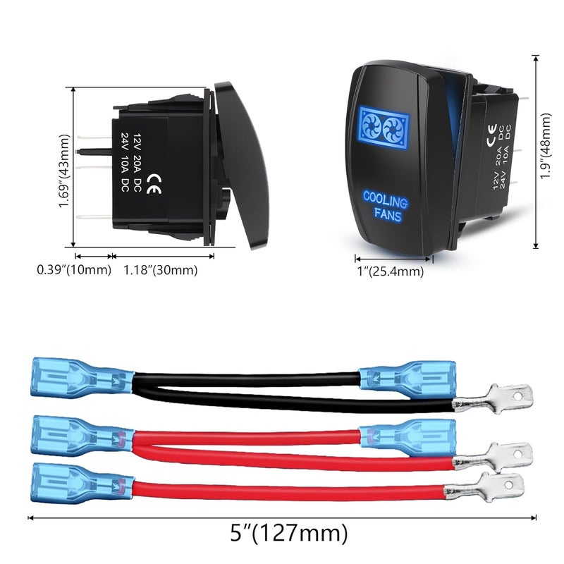 Weasch Cooling Fans Rocker Switch, On Off SPST 5Pin Latching Switch, 20A 12V 10A 24V, with Jumper Wires for Car Boat Truck Trailer, Blue - Image 5